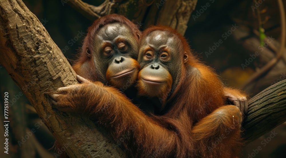 Fototapeta premium Two orangutans sitting on a tree branch, hands touching, gazing at the camera
