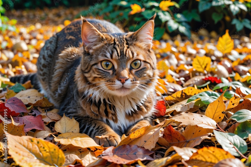 Fototapeta premium A playful tabby cat hiding among some autumn leaves, capturing the hide-and-seek moment