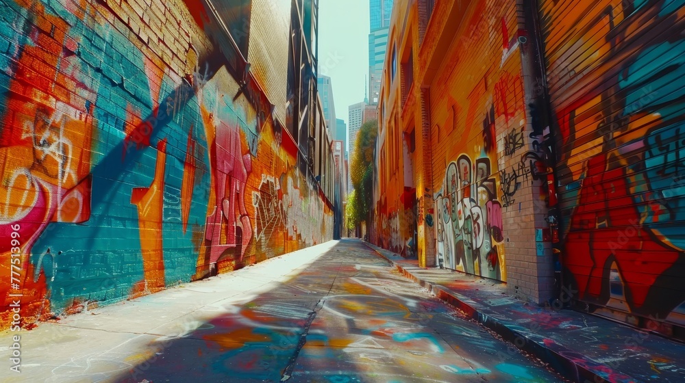 A graffiti covered alleyway with a sun shining on it. The alleyway is full of colorful graffiti and has a very urban feel to it