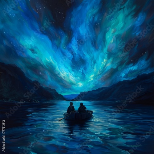  A rowboat holds two people on a star-filled, nighttime lake Amidst the backdrop of clouds, the tranquil scene showcases the beauty of nature's grand