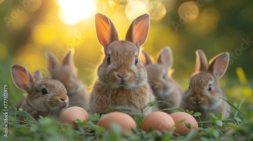  A collection of rabbits in the grass, one with an egg in the foreground, smaller rabbits in the background