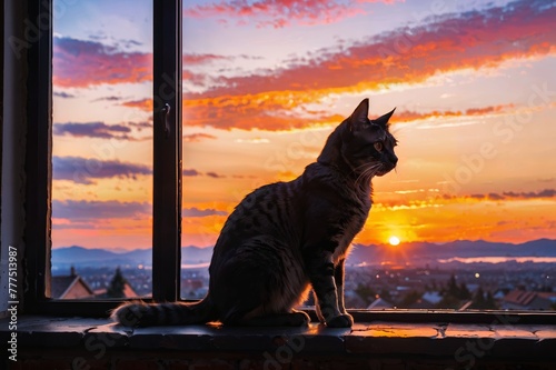 cat's silhouette against a vibrant sunset, sitting on a window ledge 