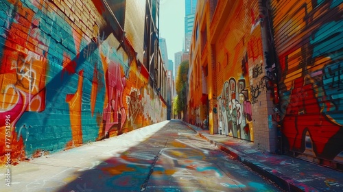 A graffiti covered alleyway with a sun shining on it. The alleyway is full of colorful graffiti and has a very urban feel to it © Rattanathip