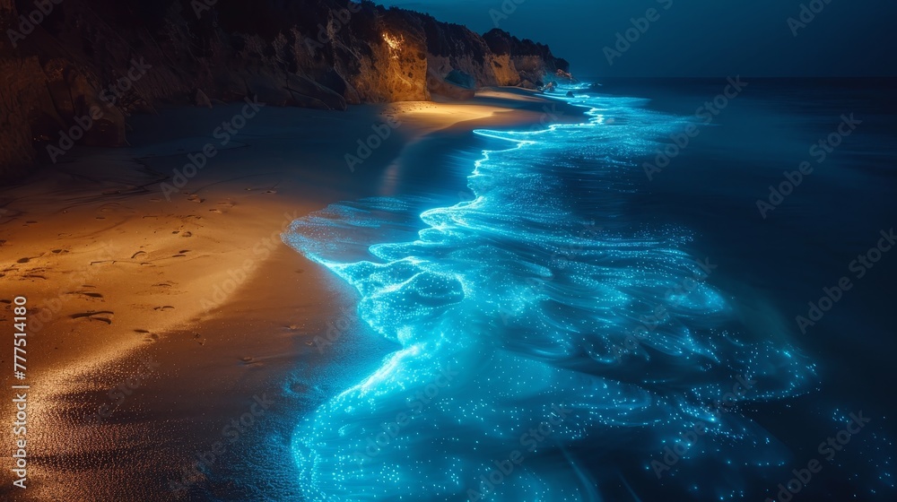 A beach at night with a blue glow in the water. The water is illuminated by the moonlight and the stars