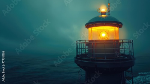 The beacon of a lighthouse shines through the mist over a foggy sea, providing guidance on a mysterious night. 