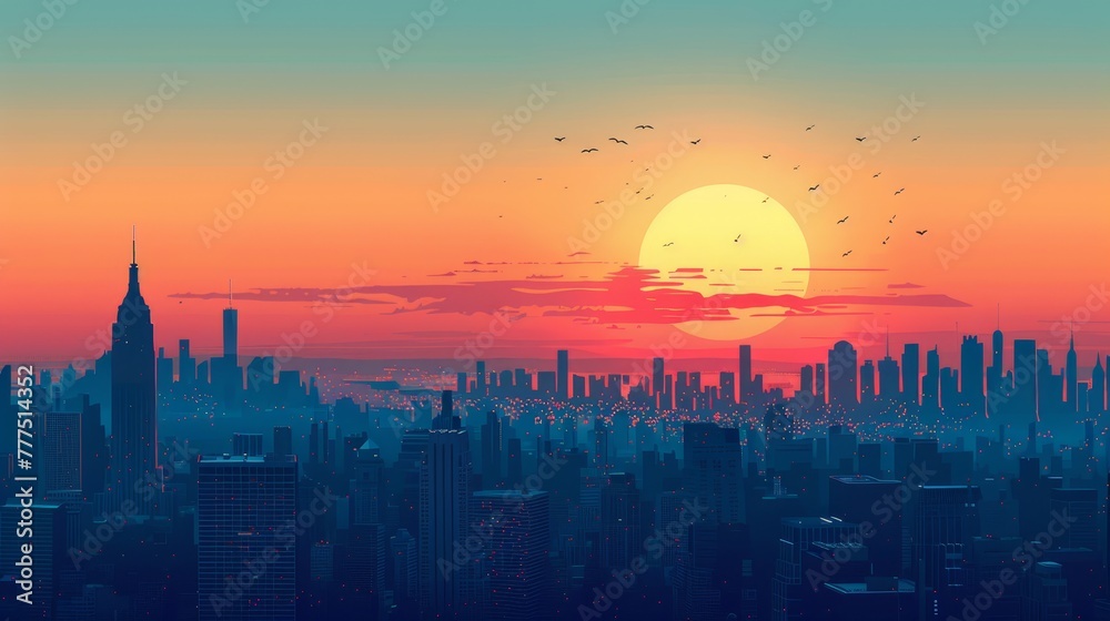A city skyline with a large sun in the sky. The sun is setting and the sky is a mix of orange and blue