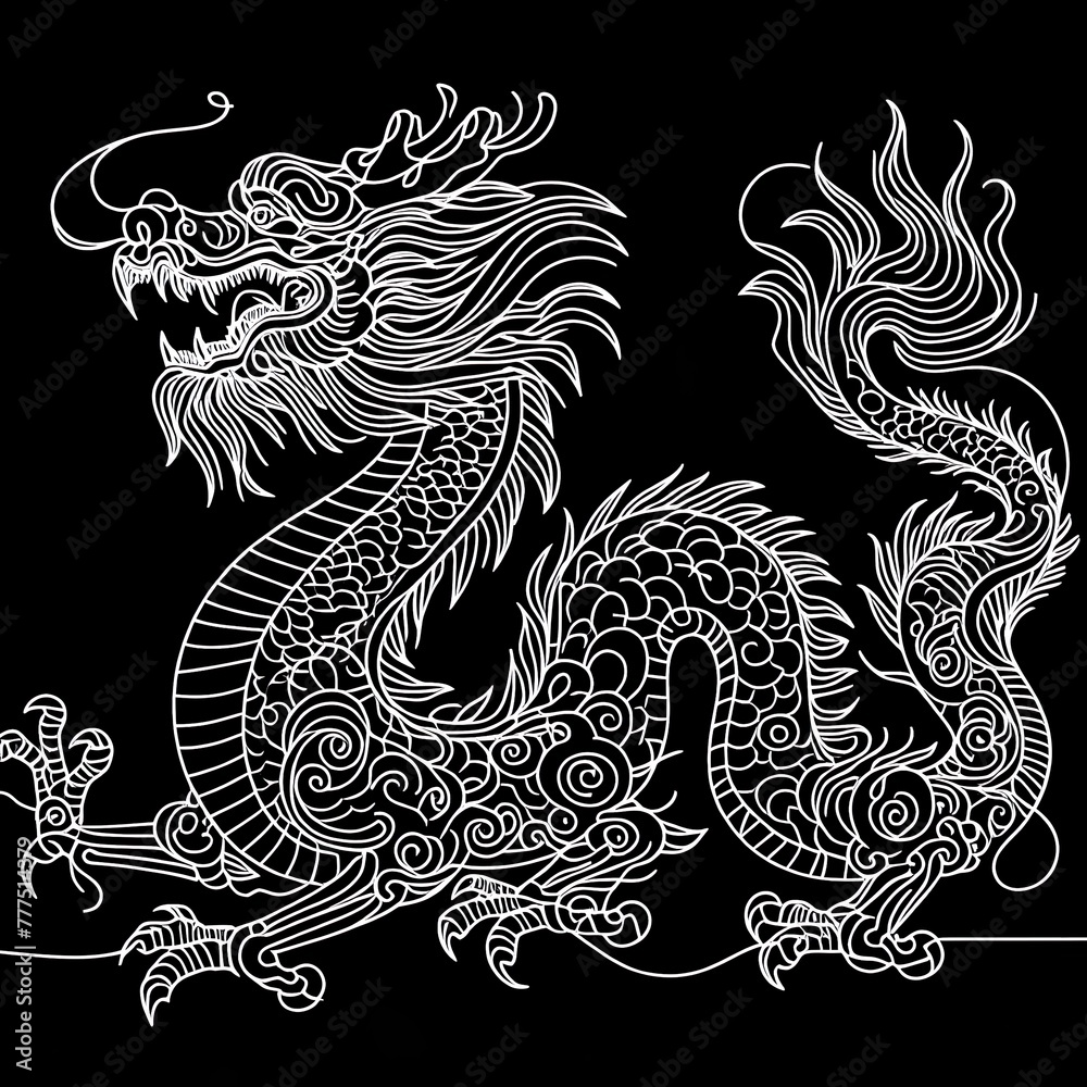 A black and white drawing of a dragon on a black background.
