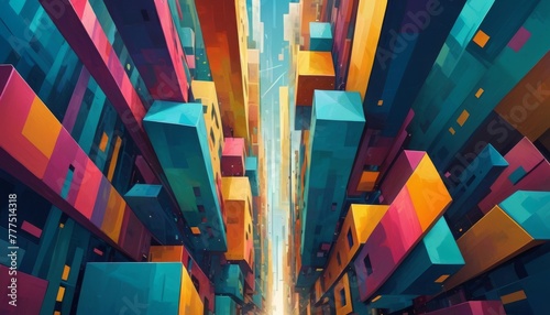 Dynamic abstract rendering of a colorful urban canyon, with a perspective that stretches towards the sky.. AI Generation photo