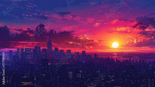 A city skyline with a large sun in the sky. The sky is a mix of pink and purple colors