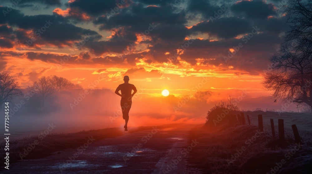 A runner is running on a road with a beautiful sunset in the background. The sky is filled with clouds and the sun is setting, creating a serene and peaceful atmosphere