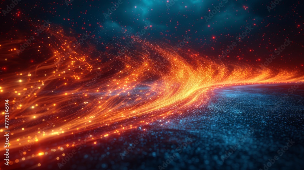   An image of a wave composed of orange and blue flames in a dark expanse, dotted with stars and a backdrop of deep space