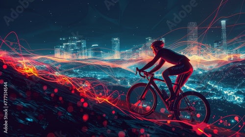 A man is riding a bicycle in a city at night. The city is lit up with bright lights, creating a vibrant and energetic atmosphere. Concept of excitement and adventure