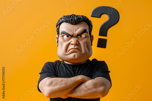 A toy figure with an angry expression stands with crossed arms against a bright yellow background © weerasak