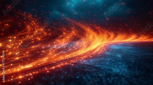  An image of a wave composed of orange and blue flames in a dark expanse, dotted with stars and a backdrop of deep space