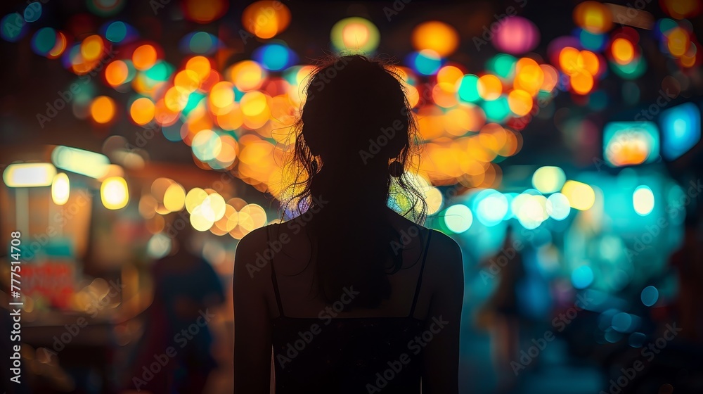 A woman stands in the middle of a busy city street, surrounded by bright lights and people. The scene is bustling and lively, with a sense of energy and excitement