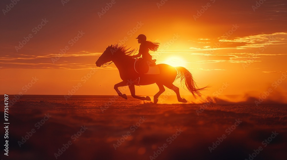 A woman riding a horse in a field with a sunset in the background