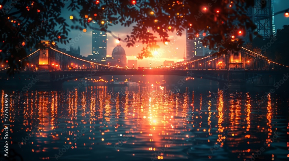 A bridge over a river with lights shining on it. The lights are reflecting on the water, creating a beautiful and serene atmosphere