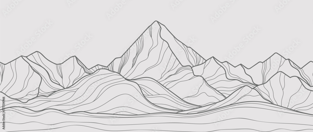 Obraz premium Mountain Hand drawn background vector. Minimal landscape art with line art, contouring. Abstract art wallpaper illustration for prints, Decoration, interior decor, wall arts, canvas prints.