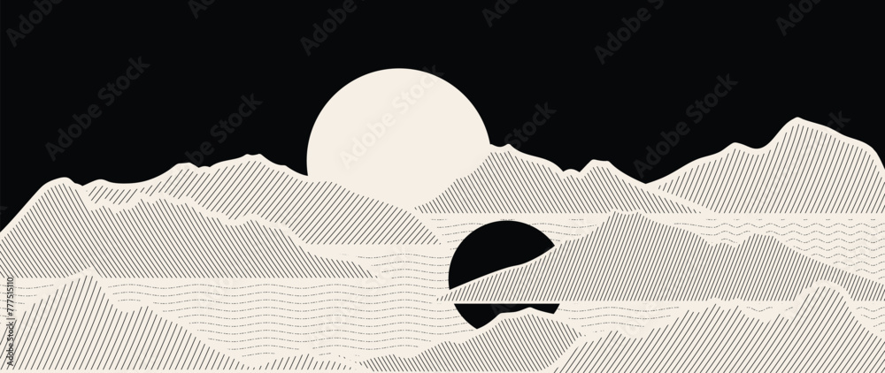 Fototapeta premium Mountain line art background vector. Minimal landscape art with line texture and moon. Abstract art wallpaper illustration for prints, Decoration, interior decor, wall arts and canvas prints.