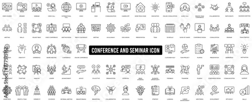 Conference, meeting, business training and team, brainstorm, seminar, interview icon set