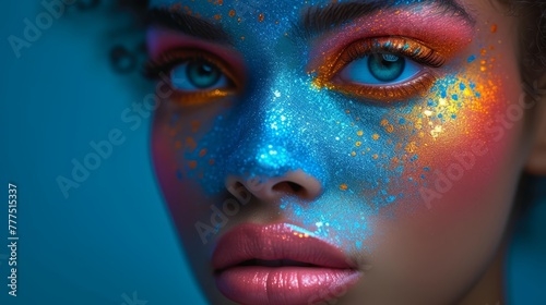   A tight shot of a woman s face and body  adorned with blue  orange  and yellow paint