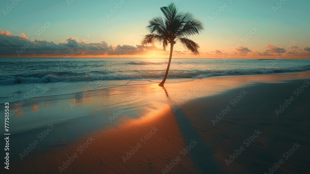 A palm tree is standing on a beach at sunset. The sky is a mix of blue and orange, creating a warm and peaceful atmosphere