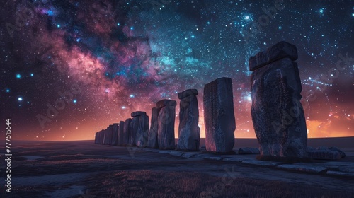 A beautiful night sky with a row of stone pillars in the foreground. The sky is filled with stars and a large, colorful moon. Concept of wonder and awe, as if one is standing in the middle of a vast photo