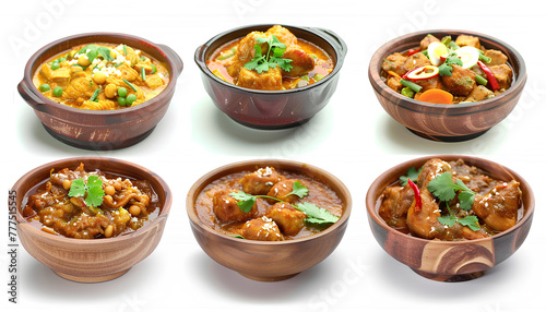 Collage of tasty chicken curry on white background