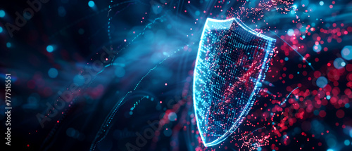 Abstract background with digital shield made of data particles glowing blue blocking against cyber attacks. Concept of cyber security technology and protection in network or system. AI technology. photo