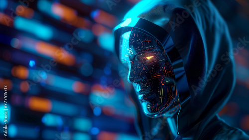Cyberpunk android robot in hoodie with holographic face in front of glowing data streams and digital flows. Anonymous hacker on crime.
