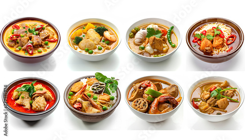 Collage of tasty chicken curry on white background