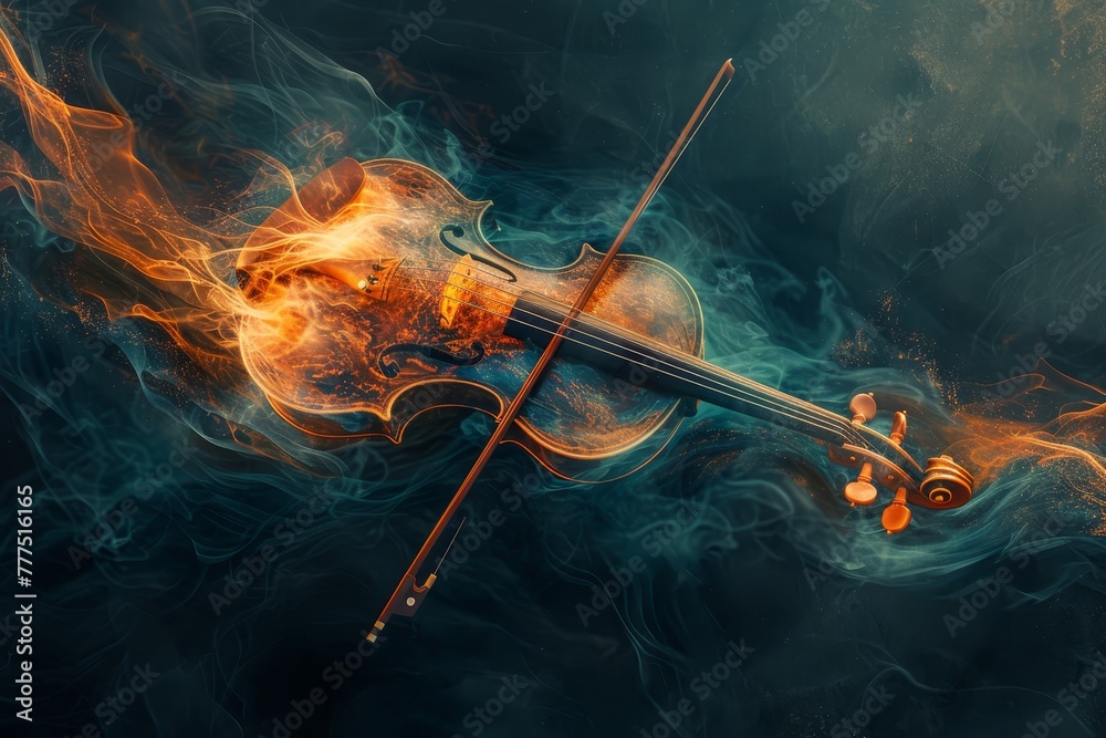 A painting of a violin engulfed in flames, surrounded by blue and orange swirling hues A painting of a violin engulfed in flames, surrounded by blue and orange swirling hues