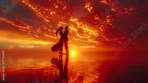 A couple is dancing on a beach at sunset. The sky is orange and the water is calm