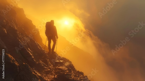 A man is hiking up a mountain with a backpack. The sun is setting in the background, casting a warm glow over the scene. The atmosphere is serene and peaceful