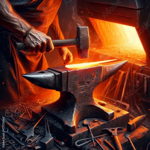 Iron anvil lit by red hot furness coals, with hammer and tools
 photo