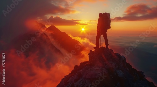 A man is standing on a mountain top with a backpack. The sun is setting in the background, creating a beautiful and serene atmosphere