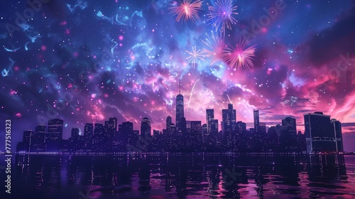 A city skyline is reflected in the water  with a bright purple sky in the background. The city is lit up with fireworks  creating a festive and lively atmosphere