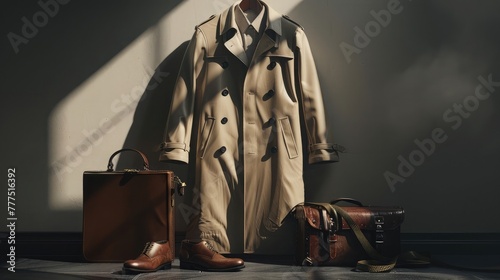 A classic men's trench coat paired with tailored trousers and a button-down shirt, accessorized with leather shoes and a briefcase, epitomizing timeless sophistication and style. photo