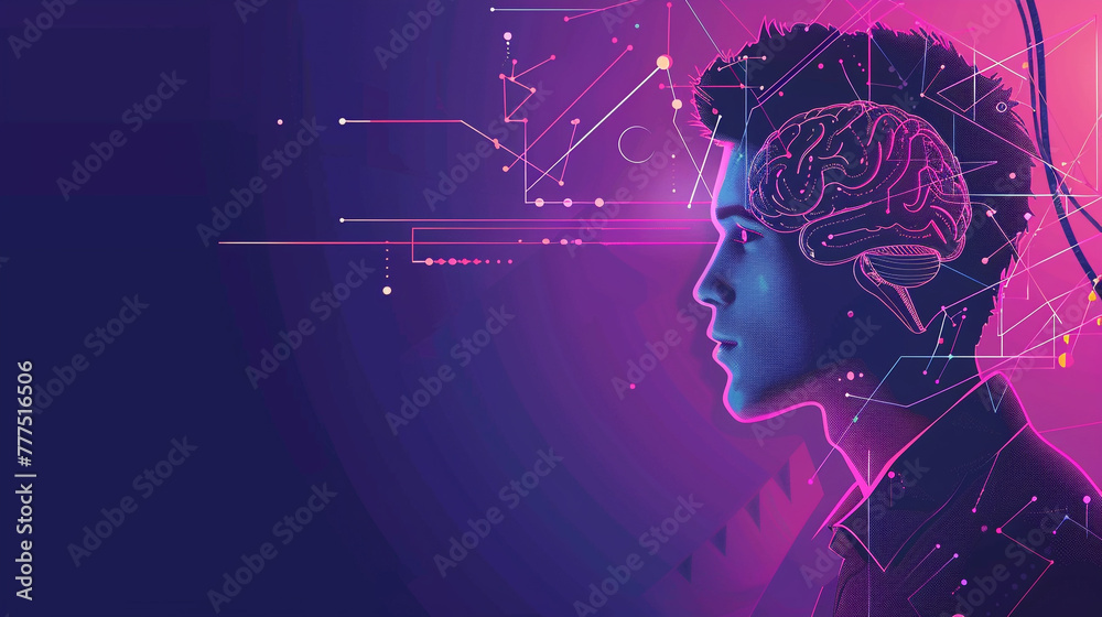 A charismatic man is thinking and working in an environment of modern technology and AI. Copy-space style with a purple background. A charismatic man is thinking and working in an environment of modern technology and AI. Copy-space style with a purple background.