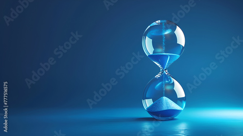Hourglass on blue background, Sand running through the bulbs of an hourglass measuring the passing time, showing the last second or last minute or time out With copy space, Generative Ai