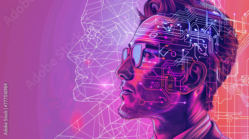 A charismatic man is thinking and working in an environment of modern technology and AI. Copy-space style with a purple background.