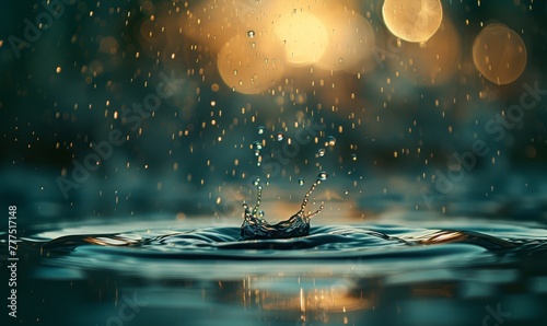   A tight shot of a water droplet hovering above a body of water, backdrop illuminated by a beaming bolt of light photo