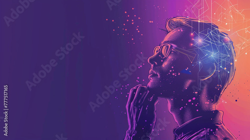 A charismatic man is thinking and working in an environment of modern technology and AI. Copy-space style with a purple background. © Aisyaqilumar