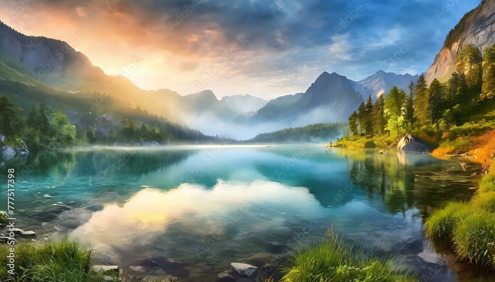 The serene beauty of a secluded mountain lake at dawn