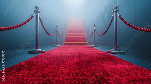 Red carpet and velvet ropes on gala night background, Red Carpet Festival Glamour Scene, Red carpet and rope barrier, Long red carpet between rope barriers on entrance., Generative Ai