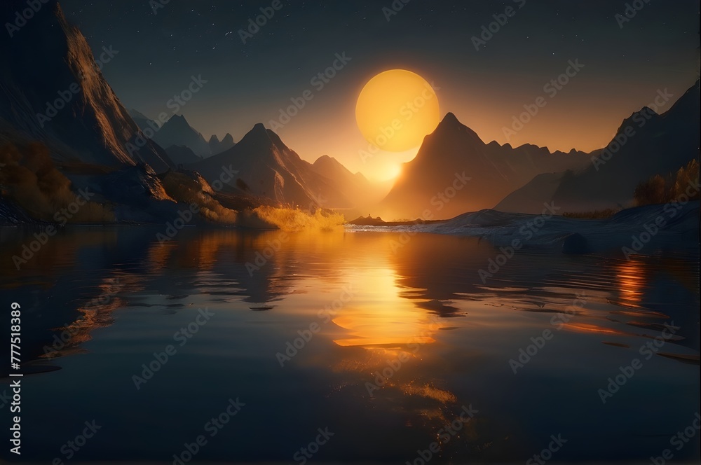 Beautiful sunset view of sky, mountains and river
