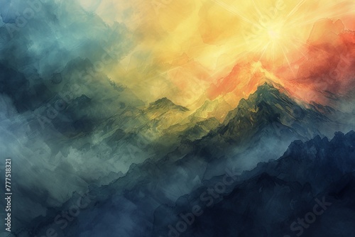  A painting of a sun over a mountain range, with clouds in the foreground