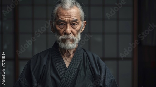 Portrait of sensei master with black sensei belt in taekwondo kimono with sword katana on black background. Traditional samurai hakama kimono. photo