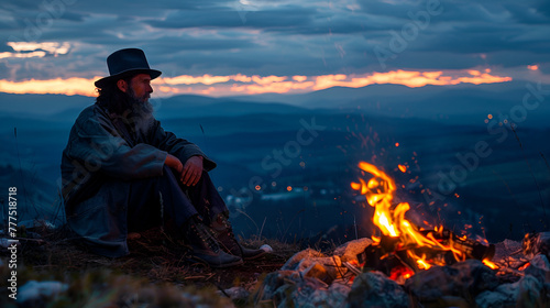 A Jew in a hat sitting near a fire in the mountains at night, Generative Ai