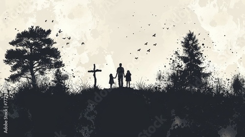 Silhouette, family and Christian cross for praying, religion and funeral social gathering